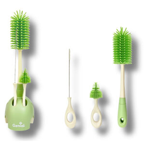 KIT CEPILLOS DE SILICONA PARA LIMPIAR BIBERONES CON SOPORTE X 4 PIEZAS (GENIAL)