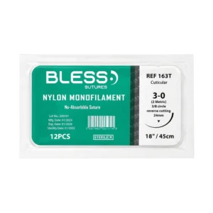 SUTURA NYLON 3-0 AGUJA CURVA CORTANTE REF 163T (BLESS SUTURES)