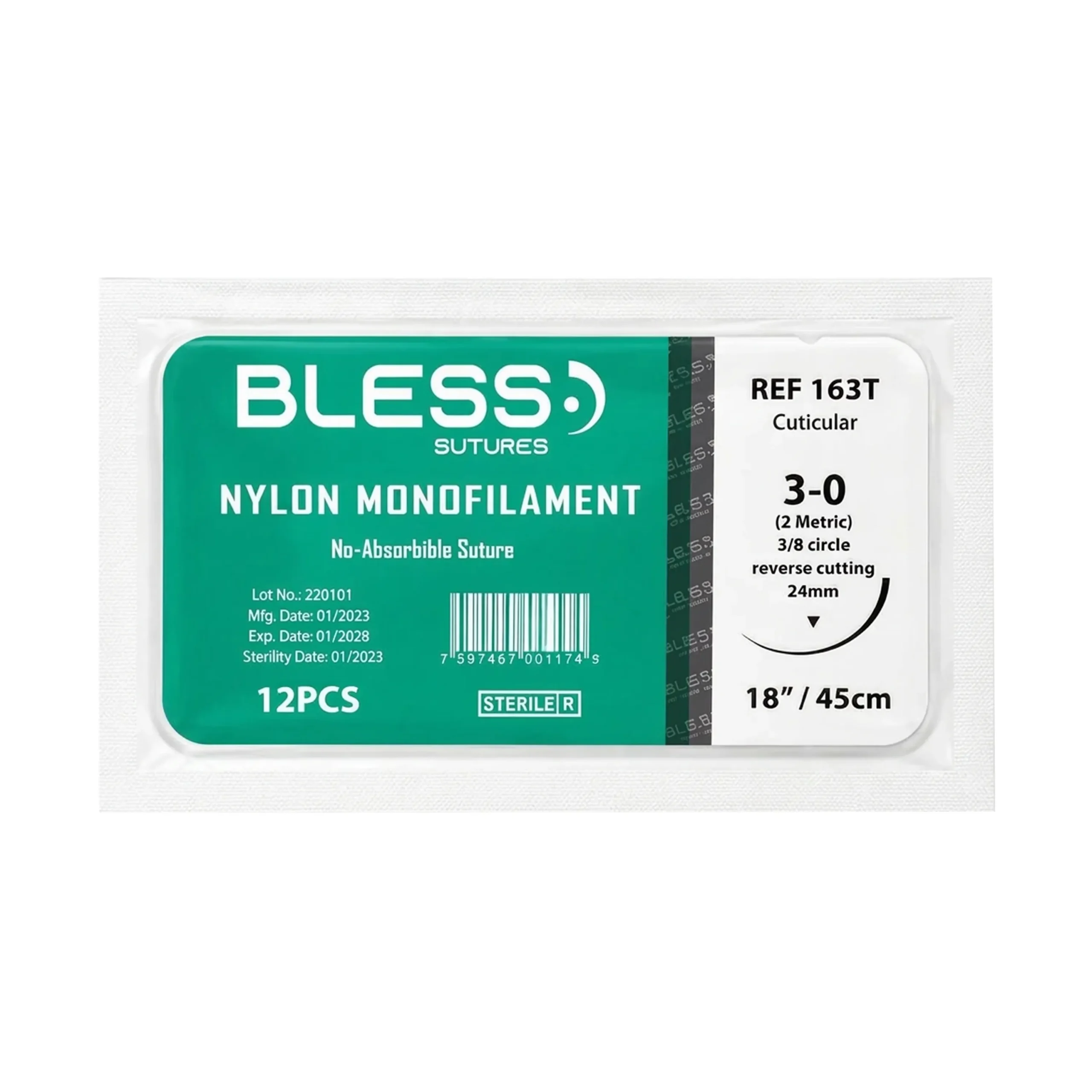 SUTURA NYLON 3-0 AGUJA CURVA CORTANTE REF 163T (BLESS SUTURES)