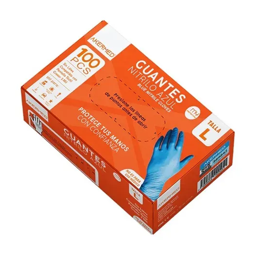 GUANTES DE NITRILO COLOR AZUL TALLA L X 100 UNID (AKERMED)